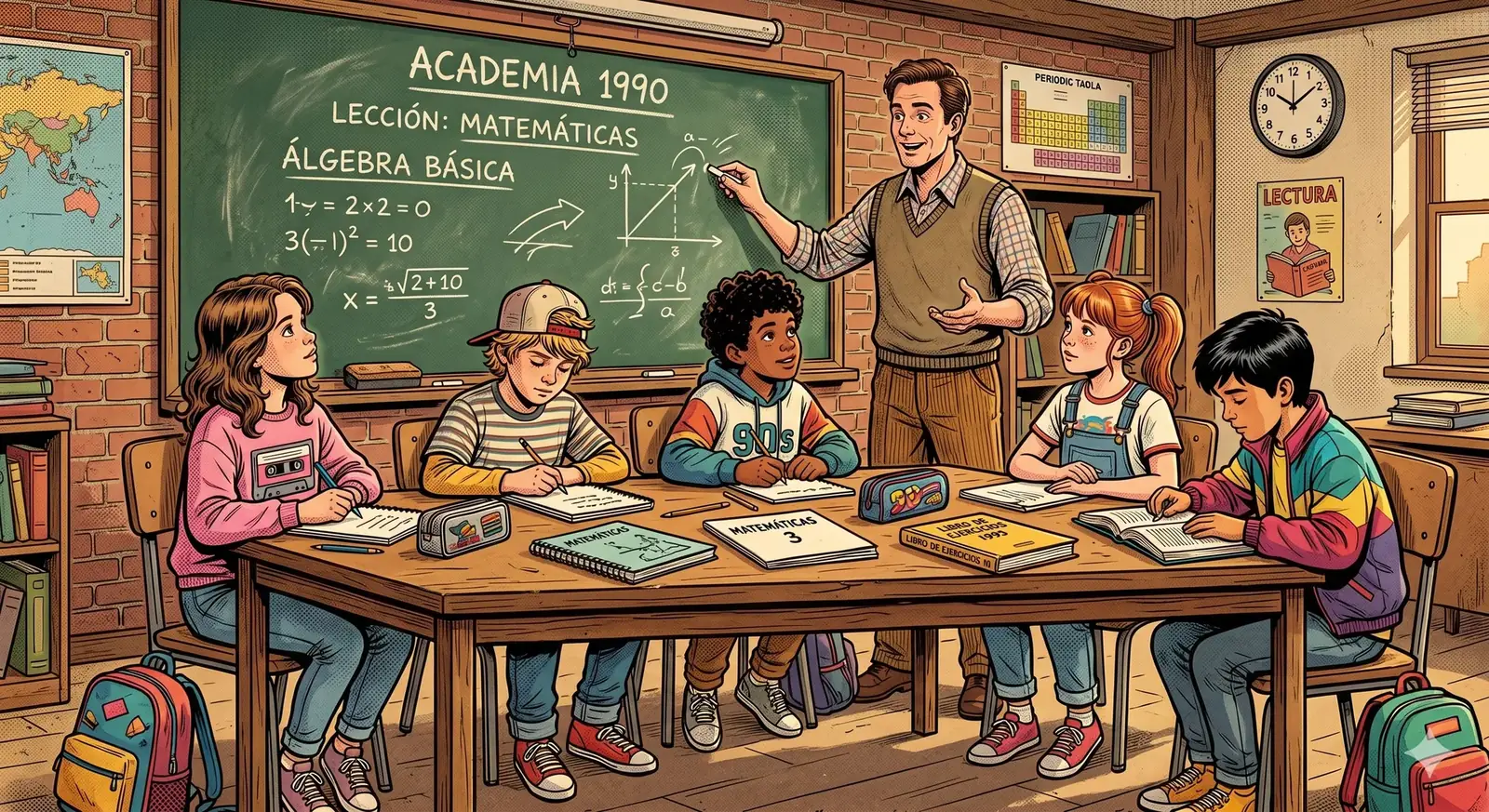 Aula de los años 90 — pizarra de tiza y libros