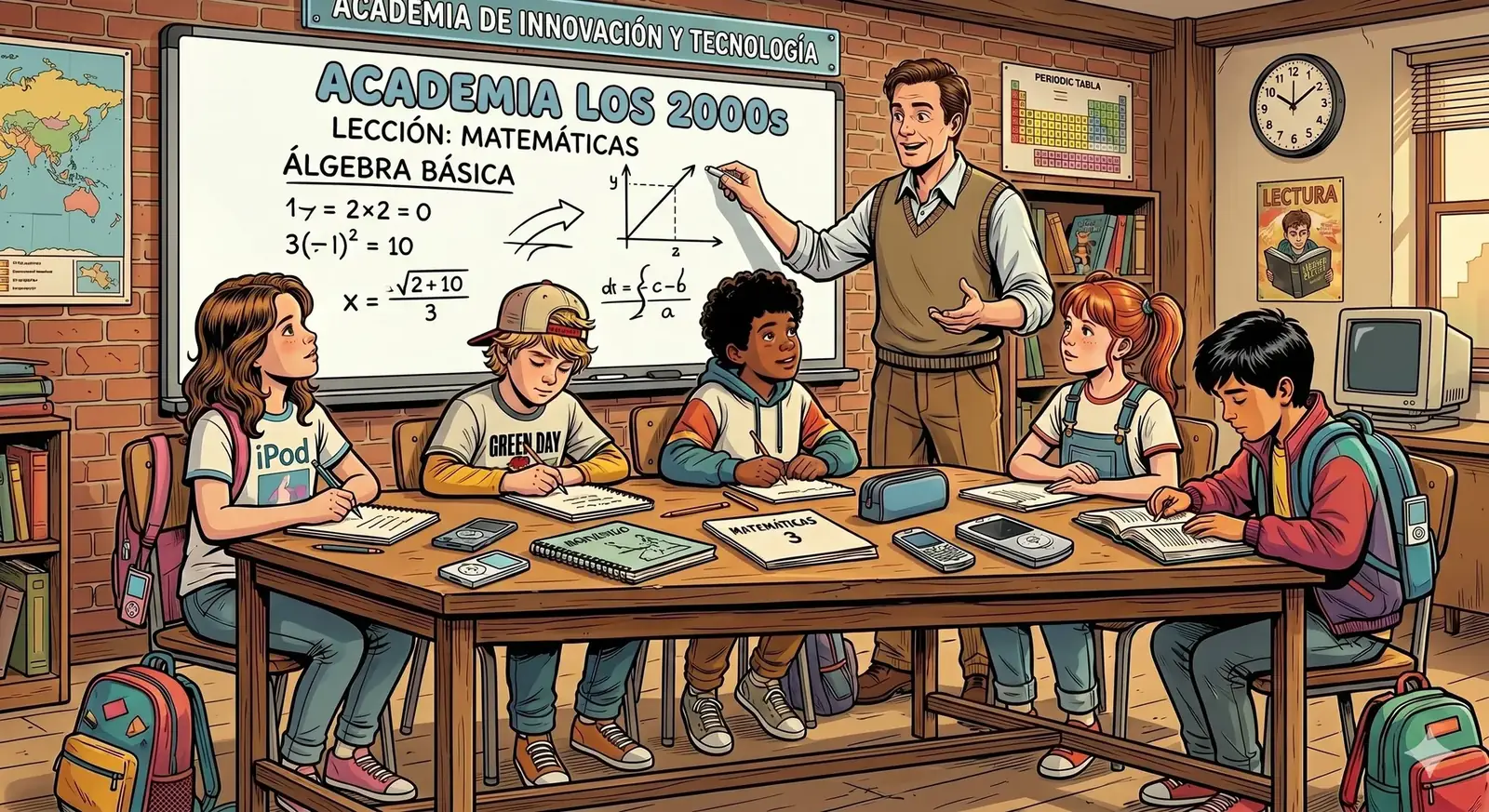 Aula de los años 2000 — pizarra blanca y primeros móviles